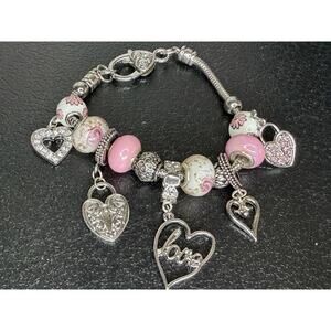 Pink Charm Love Rhinestone Hearts and Flowers Bracelet